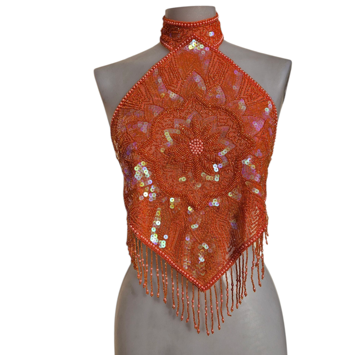 Vestido naranja sin espalda bordado con lentejuelas