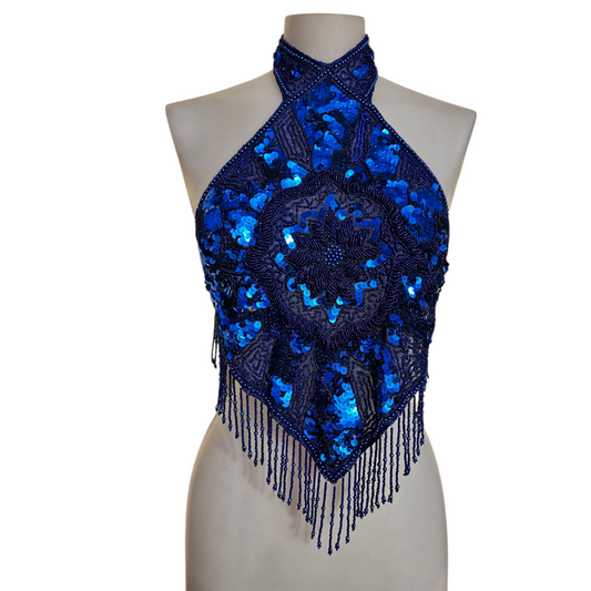 Vintage blue sequined halter top with beaded fringe and embroidered details, photographed on mannequin outdoors by Lucid Dream 2007