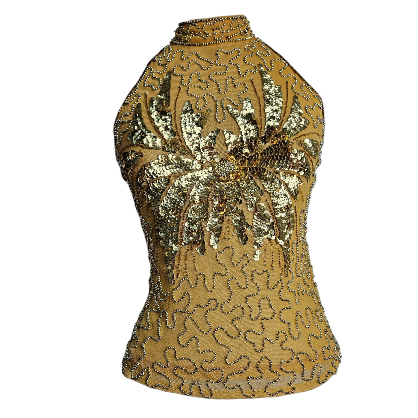 High-necked garment with gold sequins