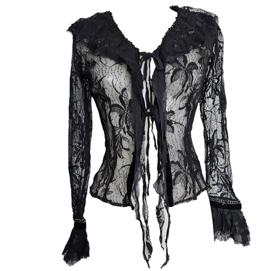 Vintage black long-sleeve knit top with an asymmetrical hem, ruffle V-neckline, and shimmering black sequin embellishments