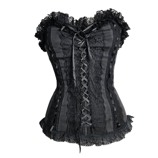 Vintage black lace corset top with ruffled edges and front lace-up detail, photographed from the front on white background by Lucid Dream 2007