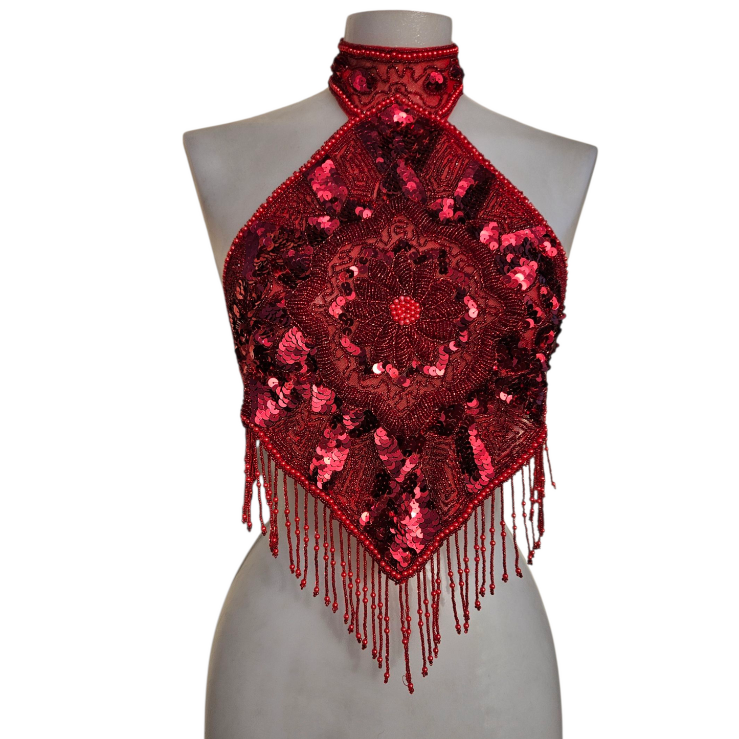 Dos nu brodé de sequins rouge sombre