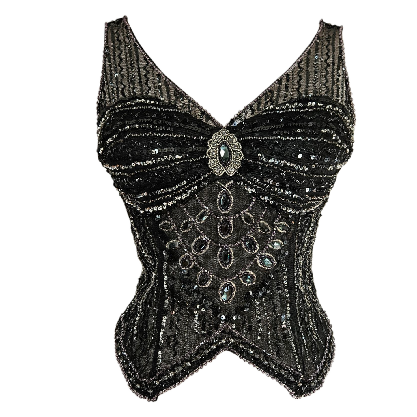 haut corset vintage noir en tulle brodé de sequins et perles, motif central bijou, vu de face sur mannequin.