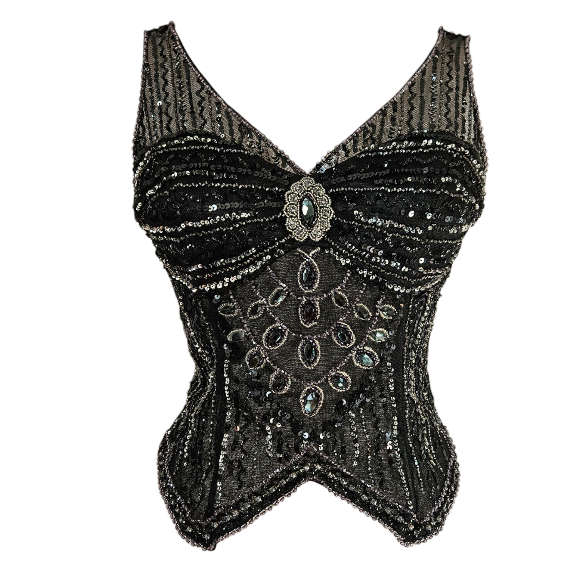 haut corset vintage noir en tulle brodé de sequins et perles, motif central bijou, vu de face sur mannequin.