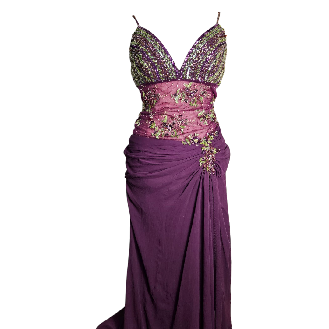 Vestido largo morado bordado