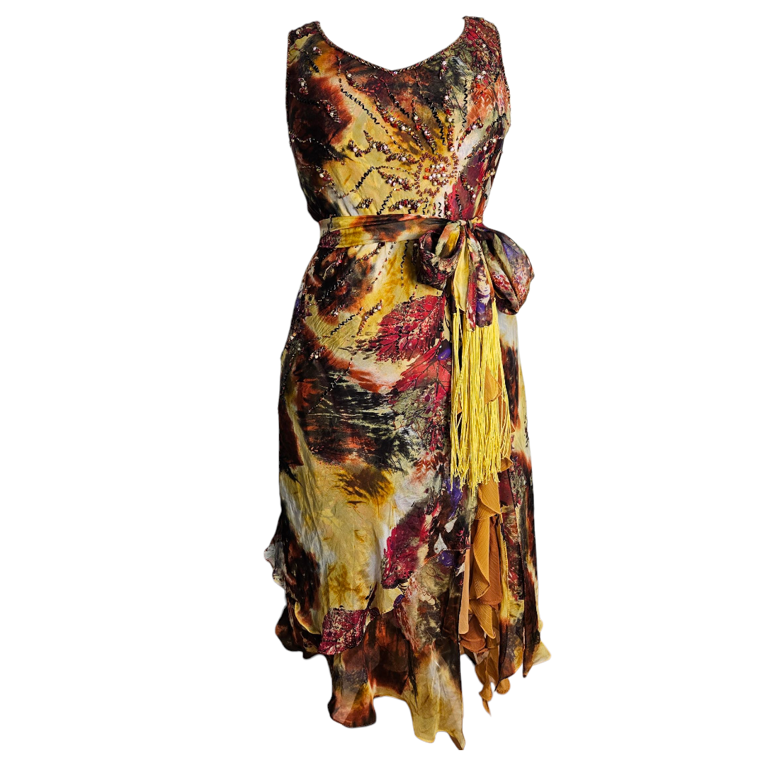 Vestido de seda bordado en tonos ocres