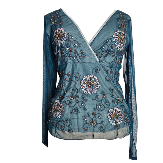 Top vintage bleu pétrole en tulle brodé à manches longues présenté de face sur mannequin by Lucid Dream 2007
