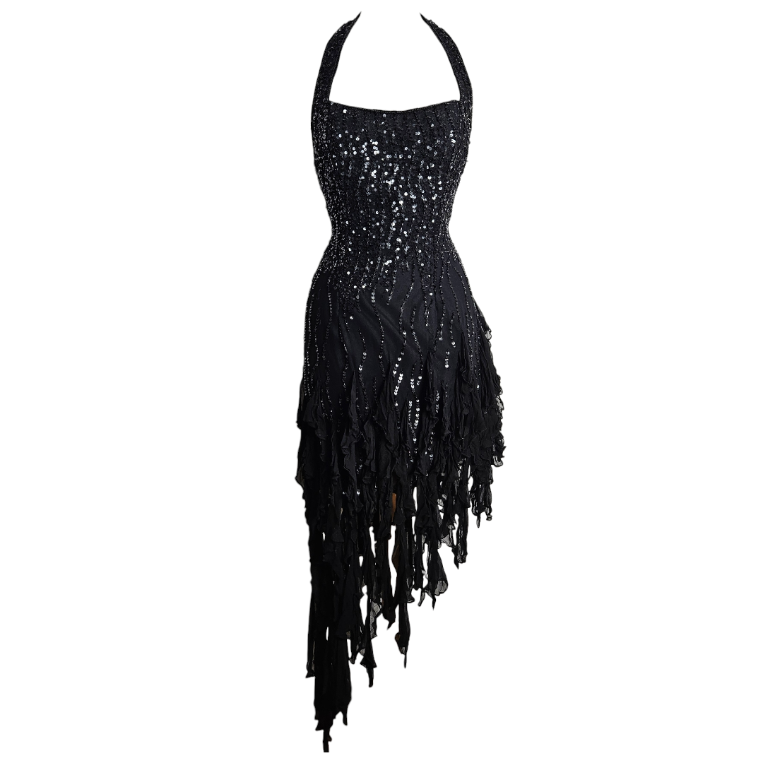 Vintage black halter neck mini dress featuring intricate sequin embellishments and a layered asymmetrical ruffled fairycore hemline photographed on mannequin against neutral background by Lucid Dream 2007