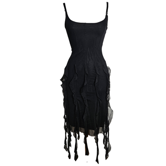 Vintage black halter neck midi dress featuring a criss-cross neckline and vertical sheer ruffles along the skirt photographed on mannequin against neutral background by Lucid Dream 2007