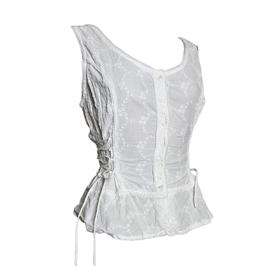 White vintage cotton embroidered sleeveless top with lace-up sides and delicate fairycore cottagecore details by Lucid Dream 2007