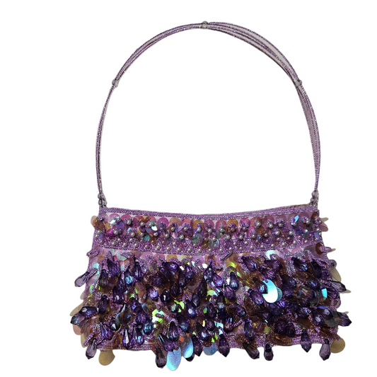 Vintage purple beaded evening bag with sequins and dangling crystal embellishments, dreamy y2k fairycore party purse with magical shimmer.