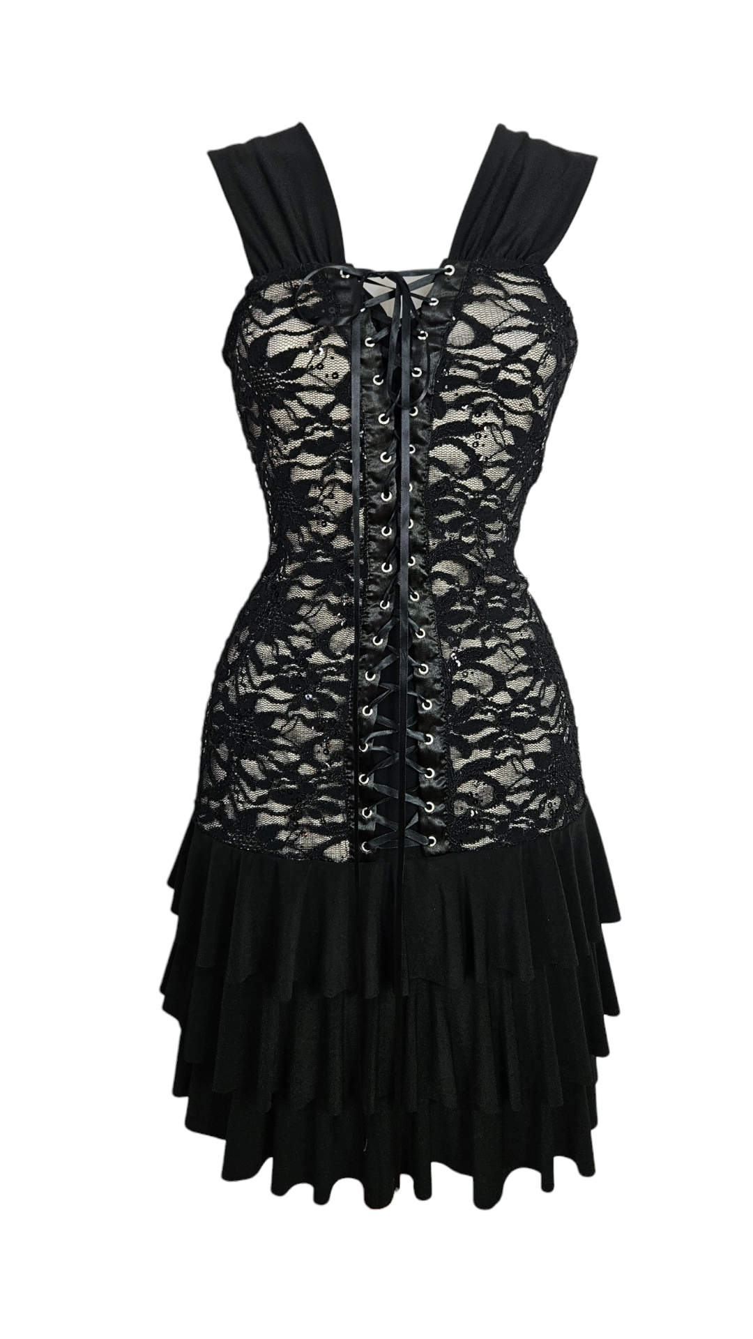 Vestido negro y beige con encaje y lentejuelas