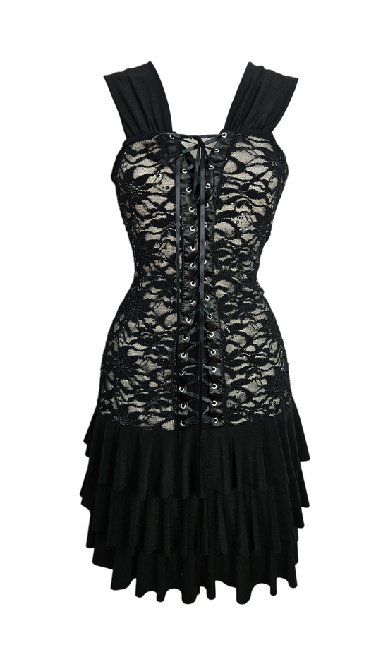 Black and beige lace and sequin dress