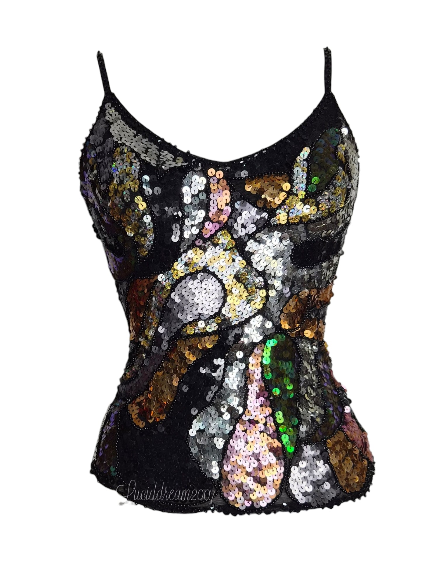 Haut entièrement orné de sequins multicolores cousus sur une base noire. Top vintage rare, sorti d'une reverie fairycore/féérique.