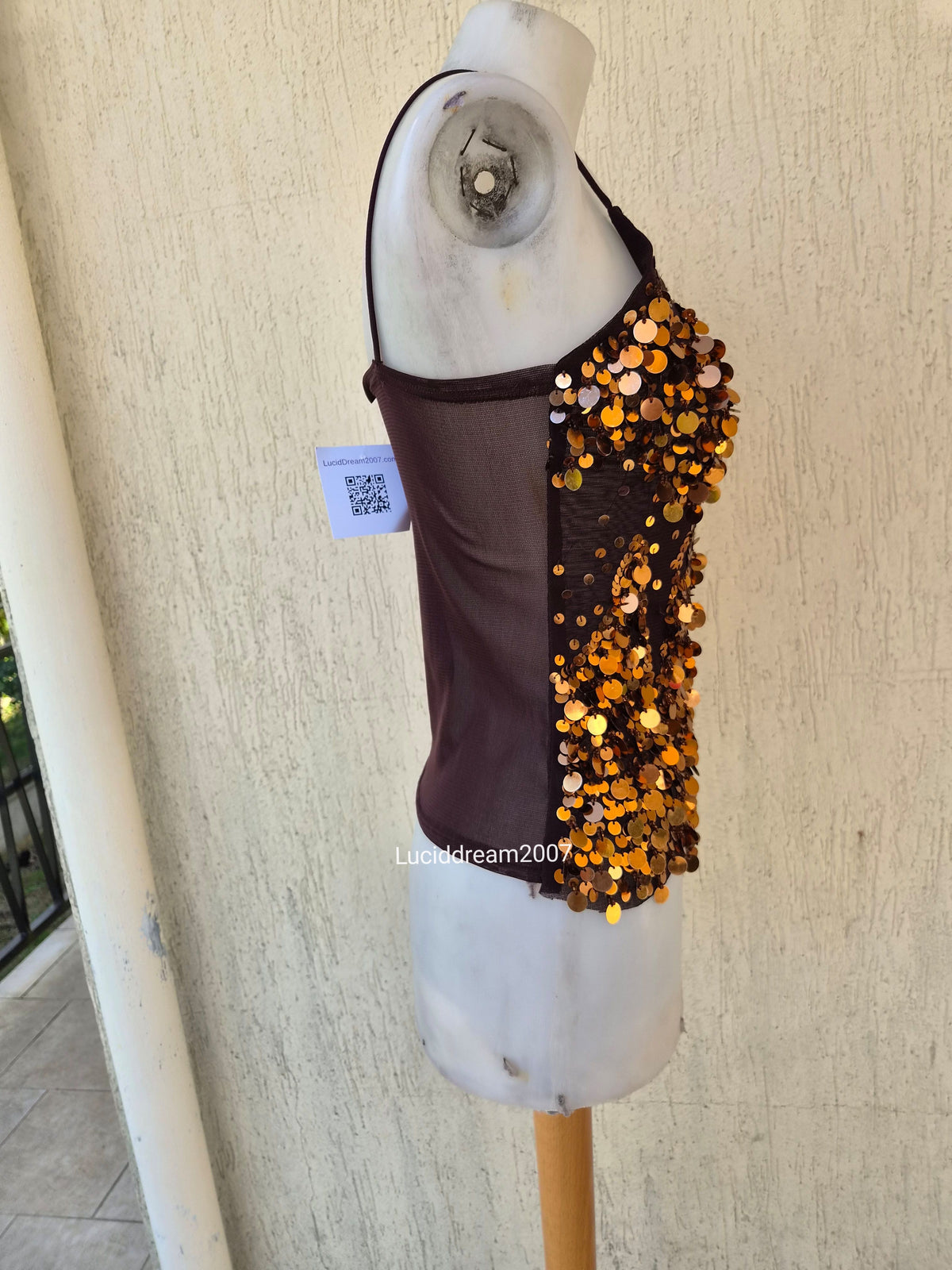 Haut en voile marron brodé de sequins