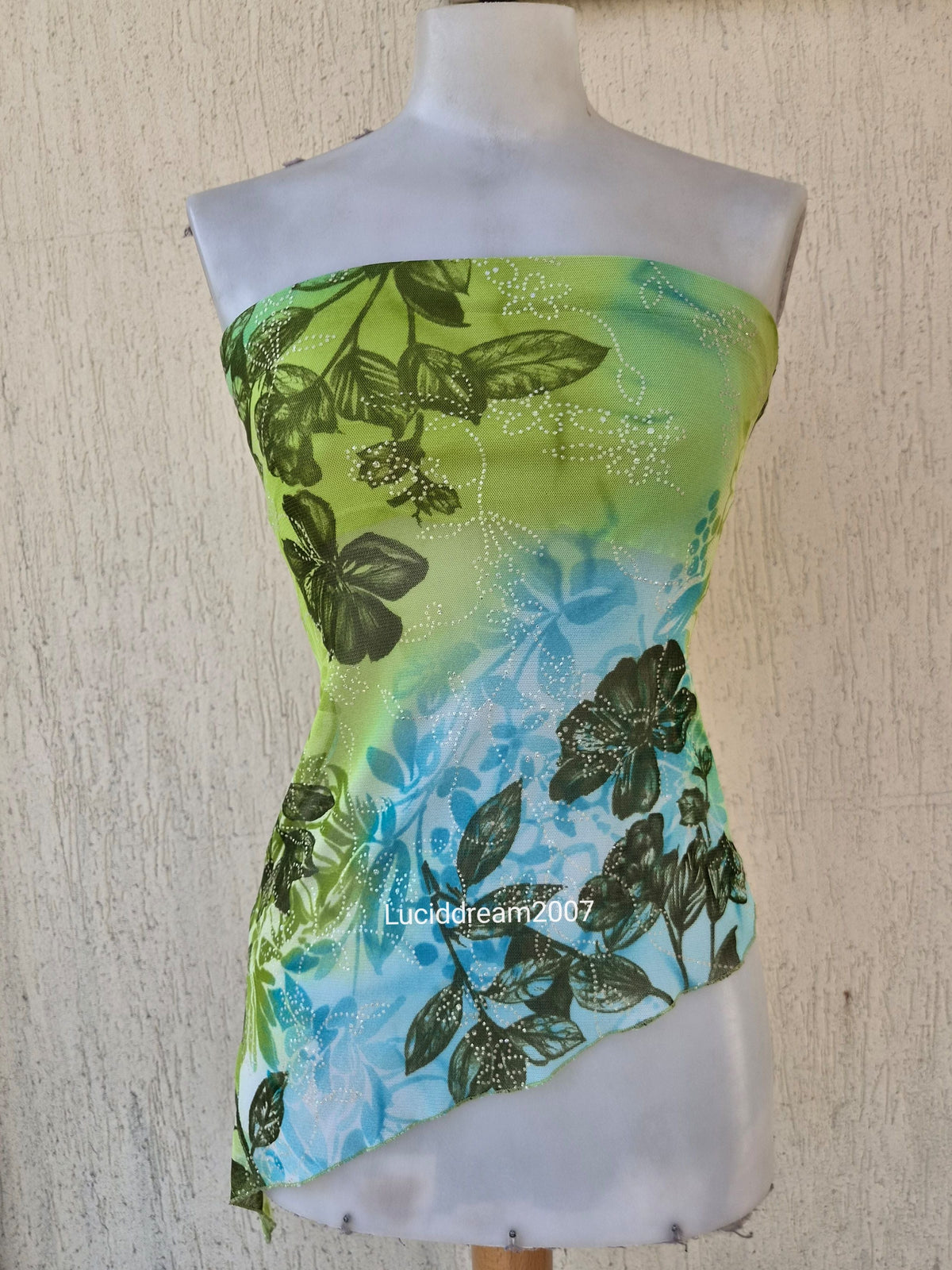 Blue and green asymmetrical strapless top