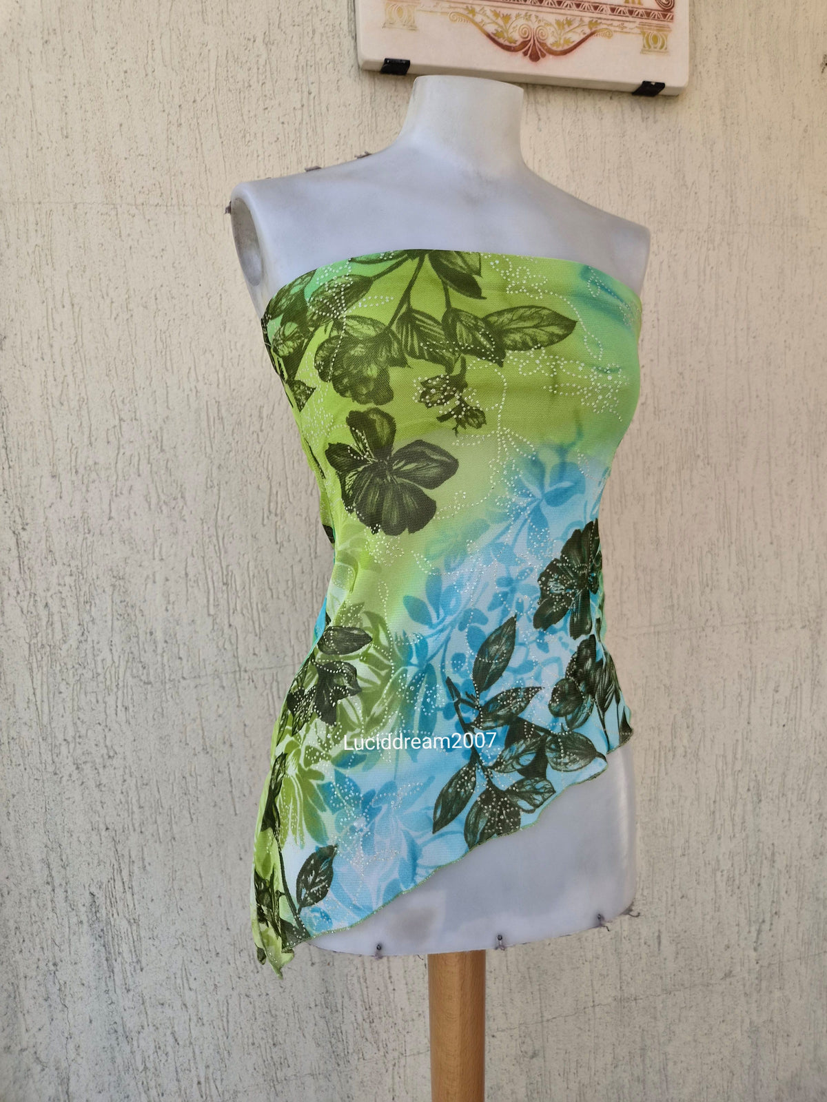 Blue and green asymmetrical strapless top