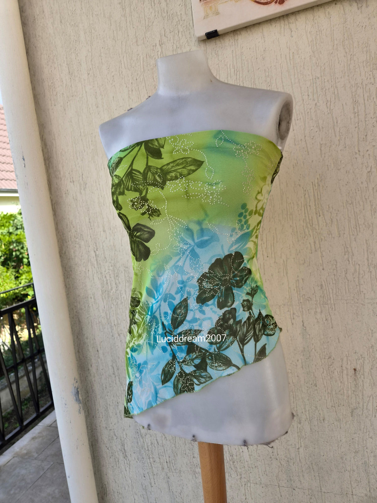 Blue and green asymmetrical strapless top