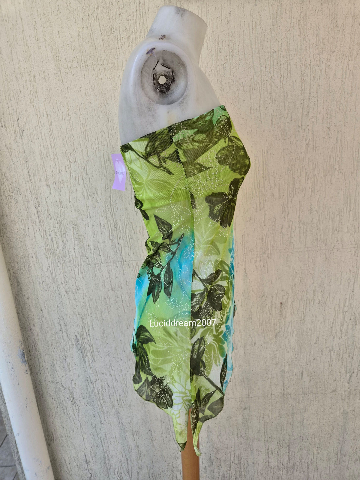 Blue and green asymmetrical strapless top