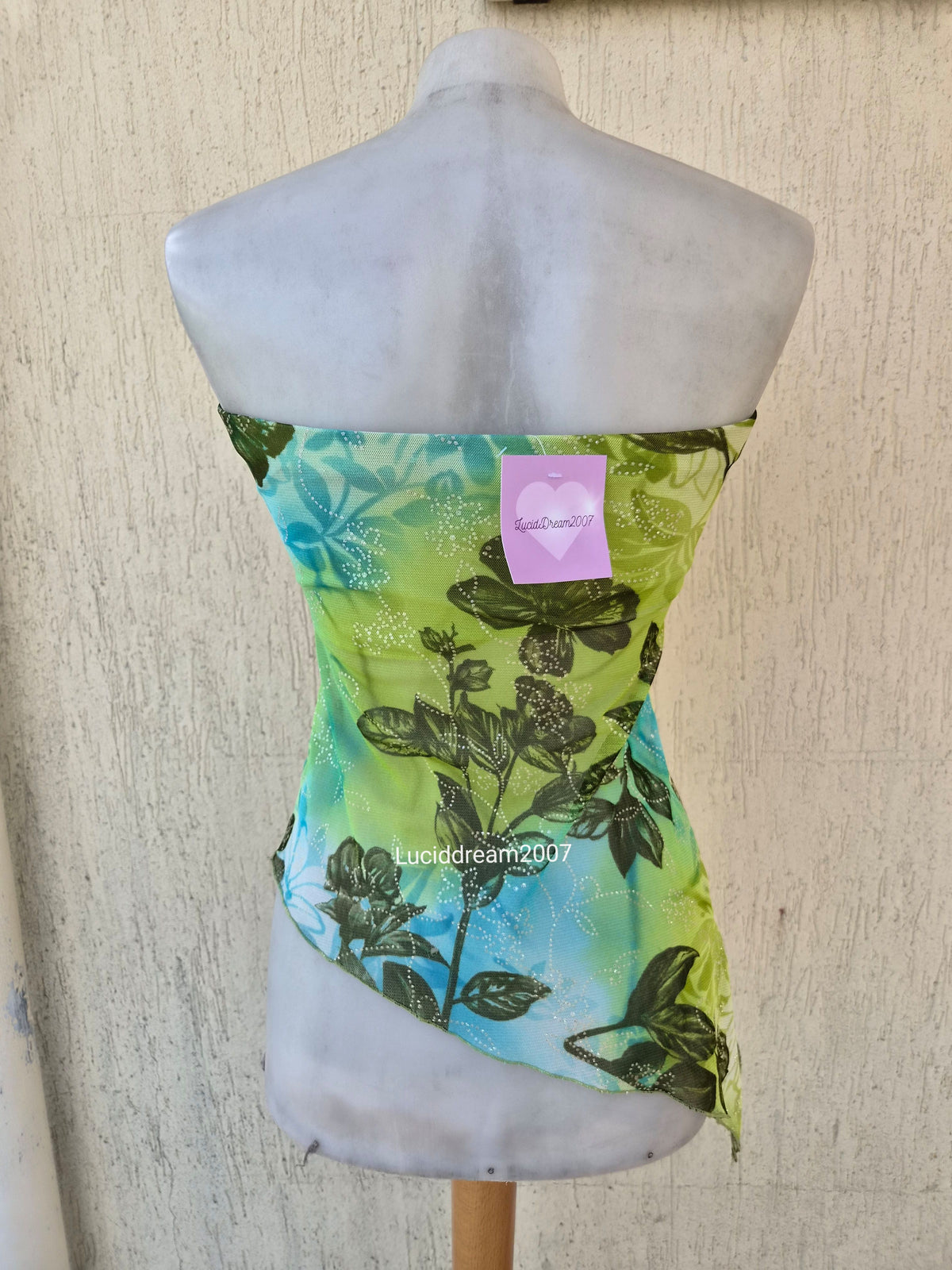 Blue and green asymmetrical strapless top