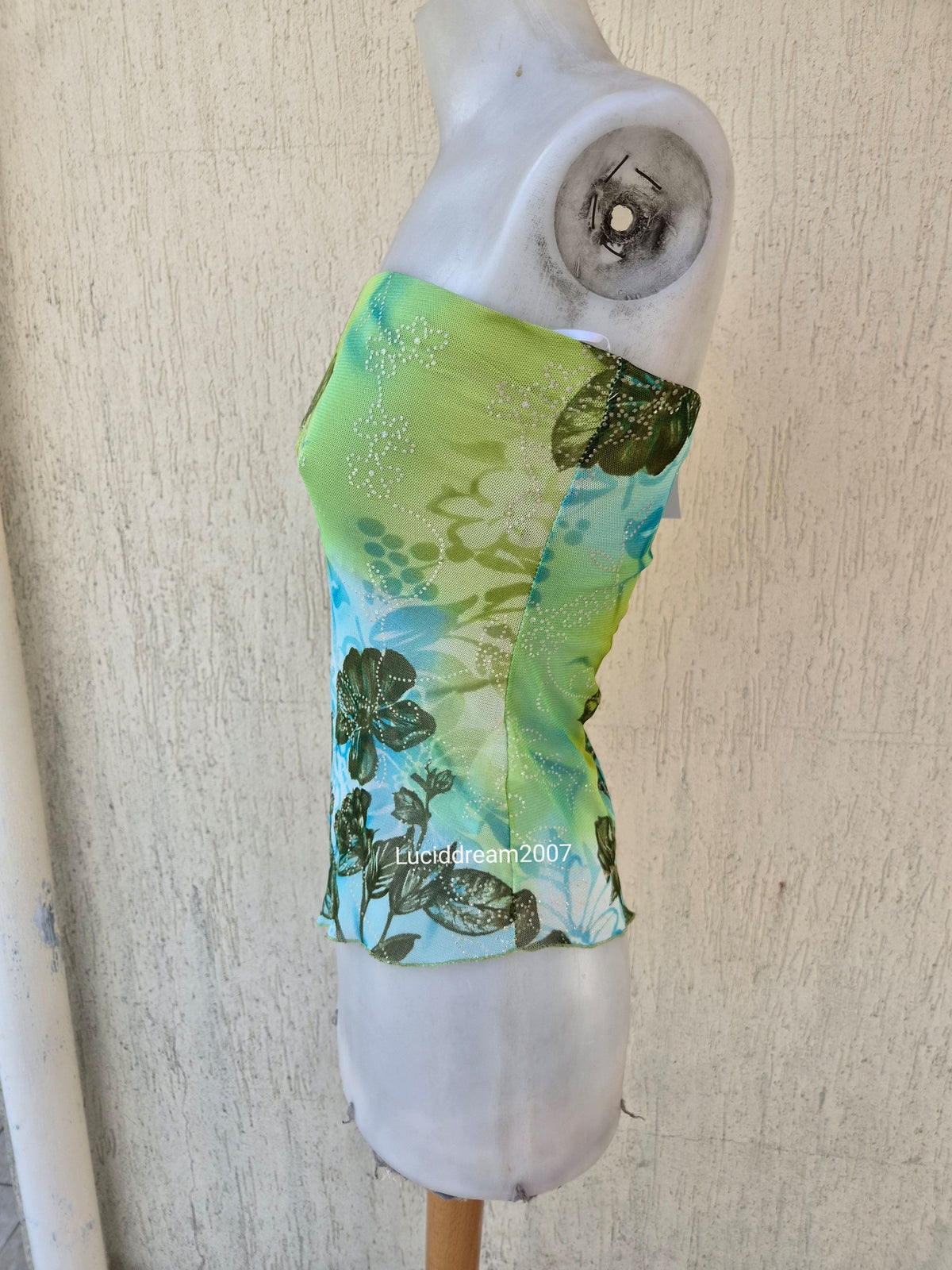 Blue and green asymmetrical strapless top