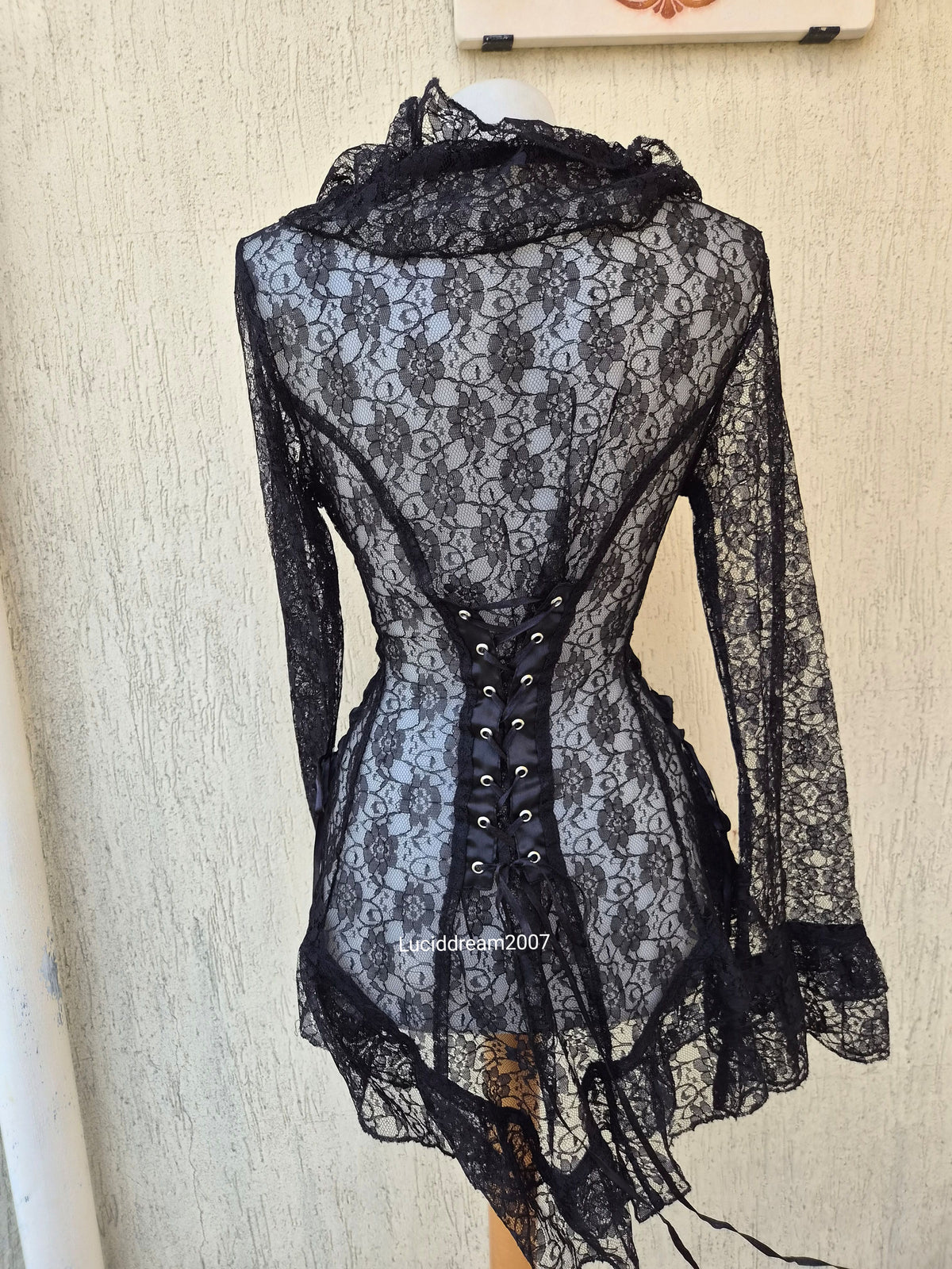 Black lace-up lace blouse