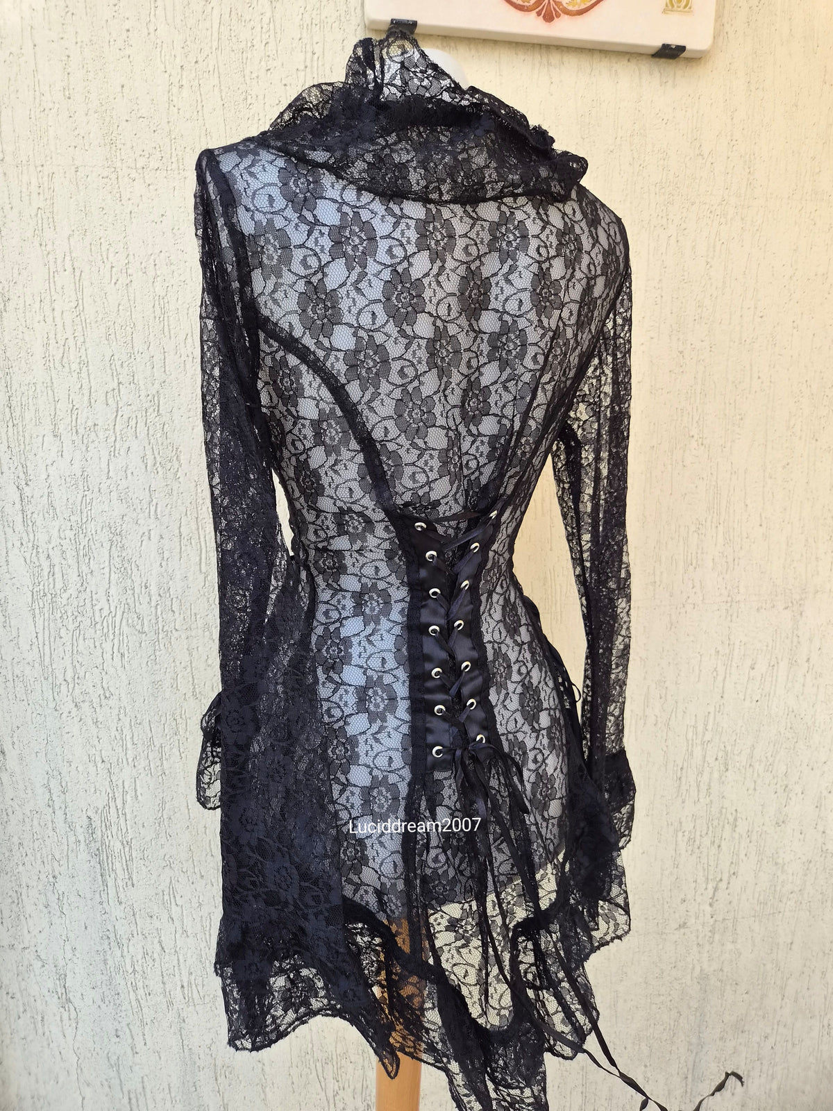 Black lace-up lace blouse
