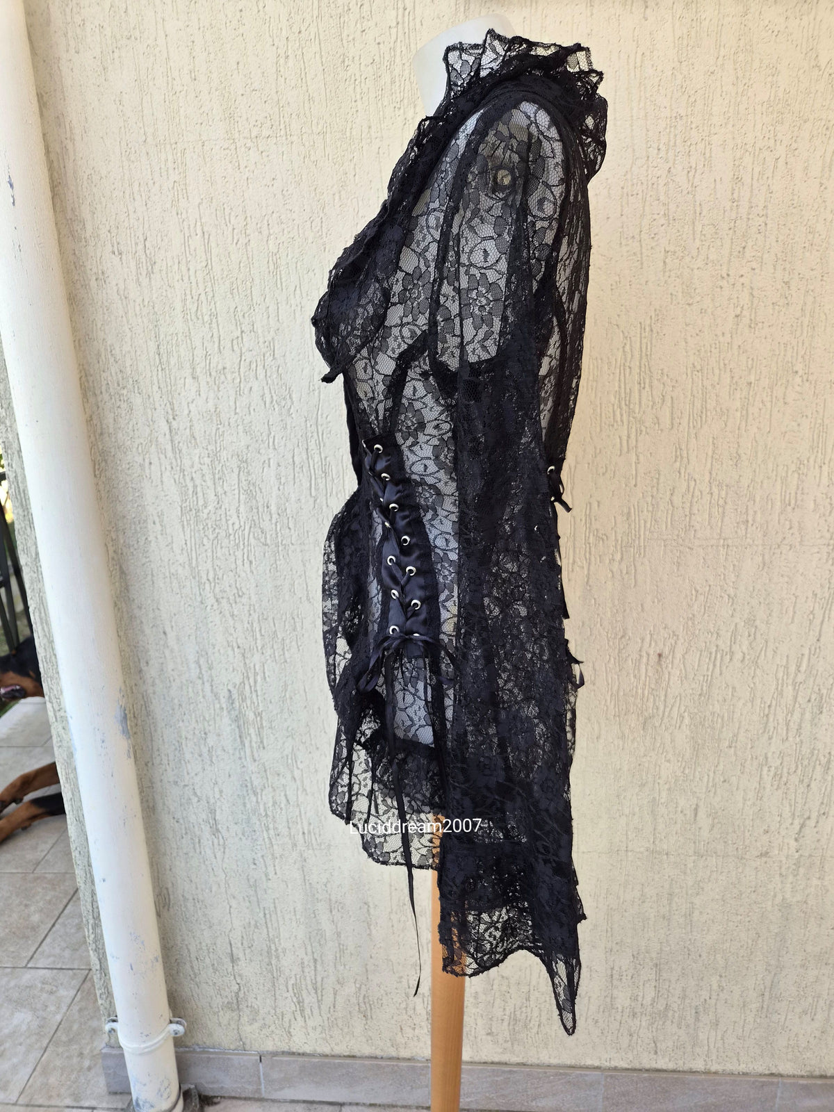 Black lace-up lace blouse