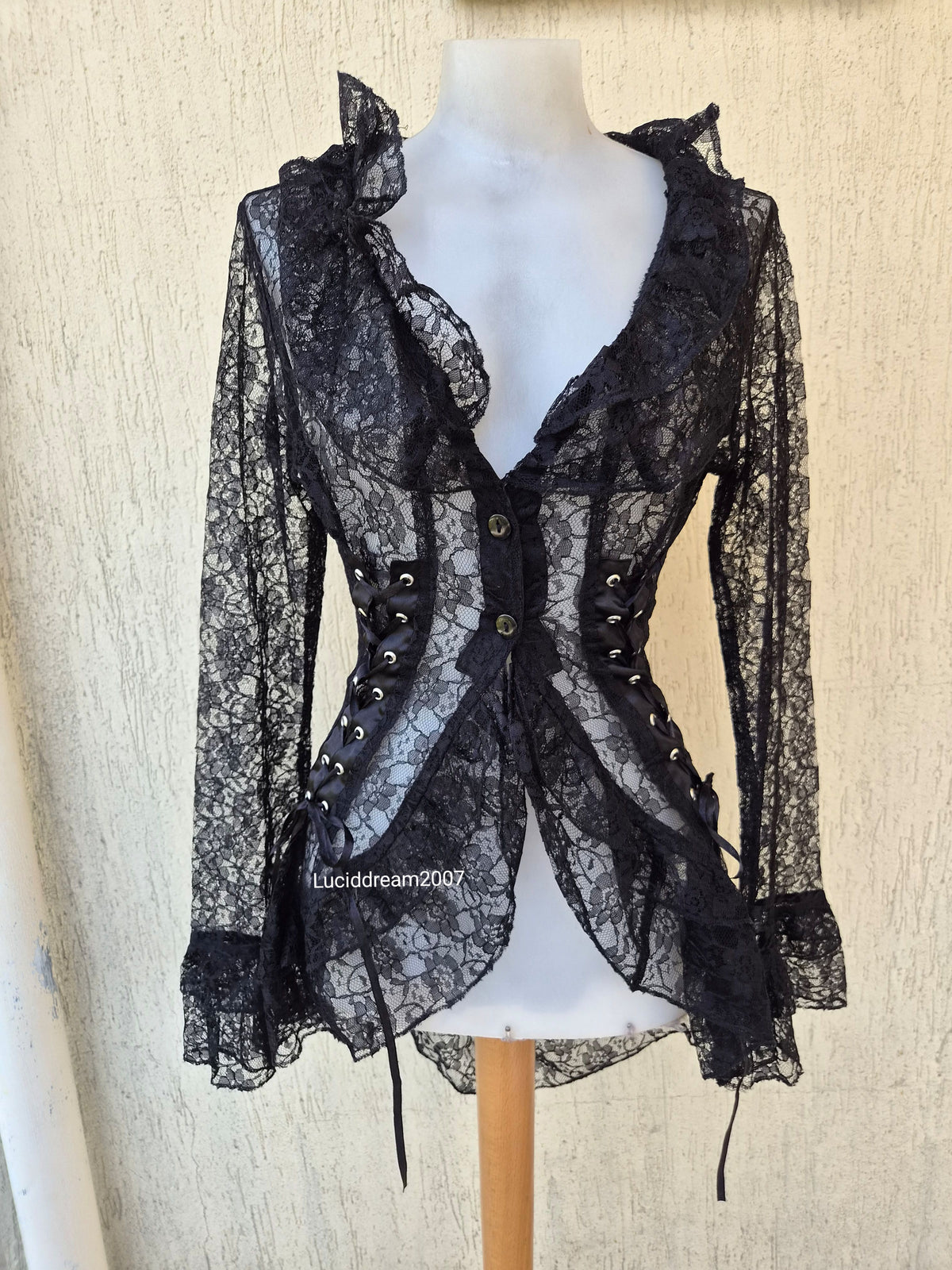 Black lace-up lace blouse