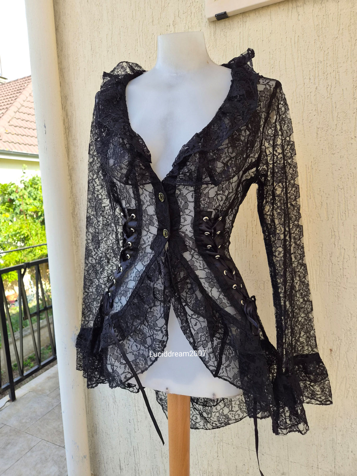 Black lace-up lace blouse