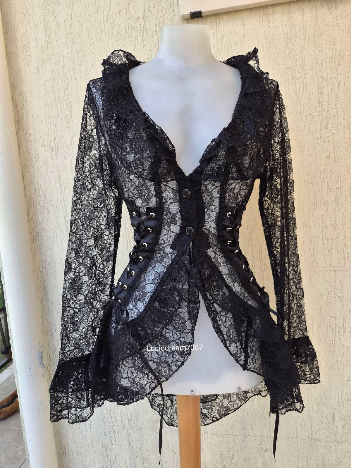 Black lace-up lace blouse