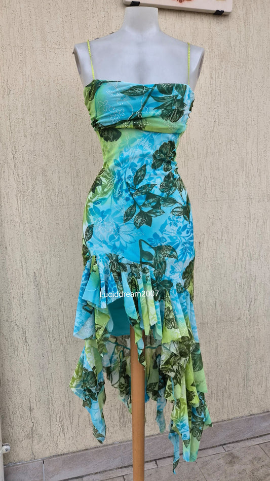 Robe dos nu en voile bleue et verte