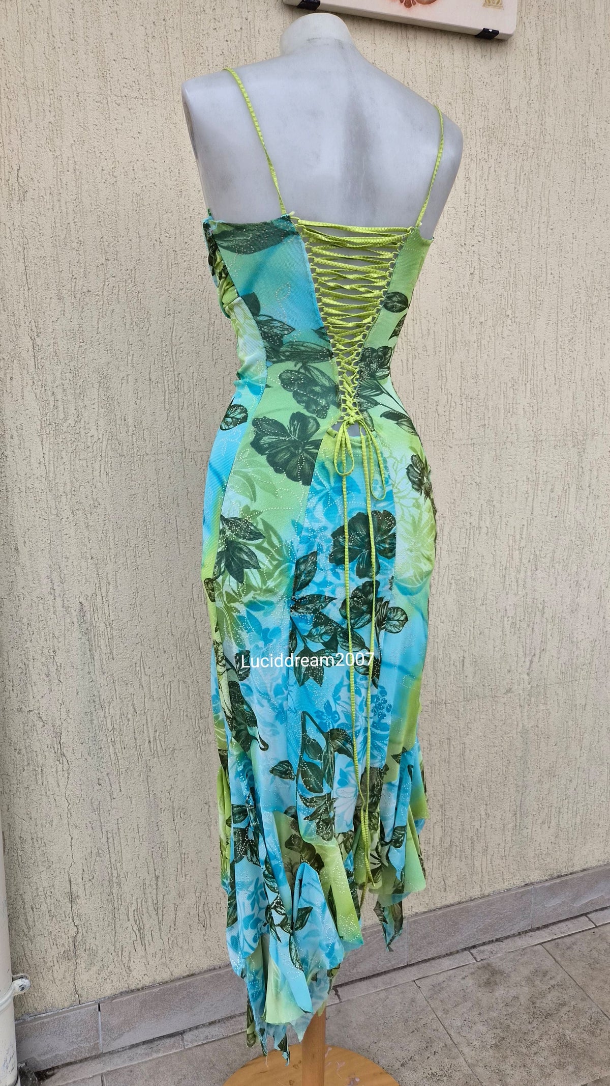 Blue and green voile backless dress