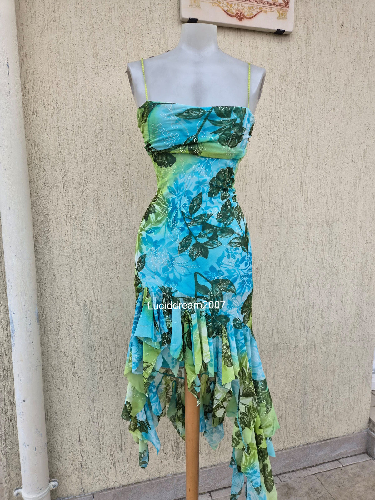 Blue and green voile backless dress