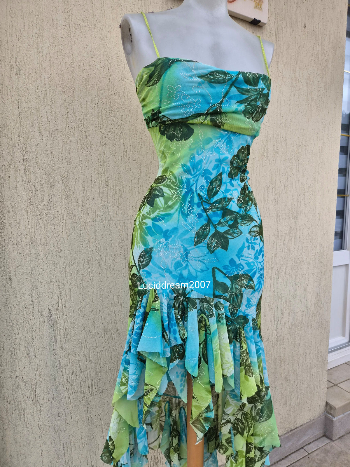 Blue and green voile backless dress