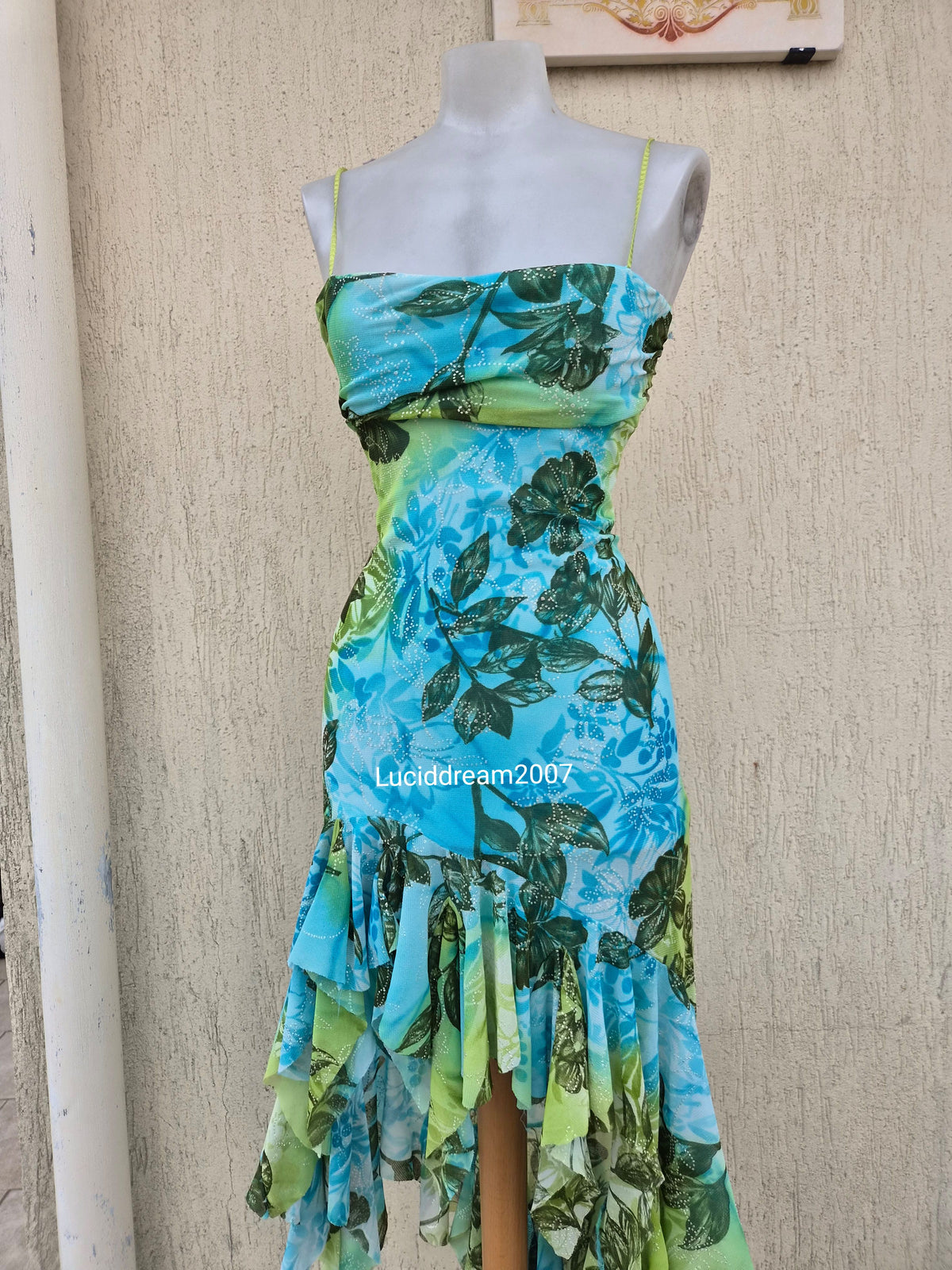 Blue and green voile backless dress