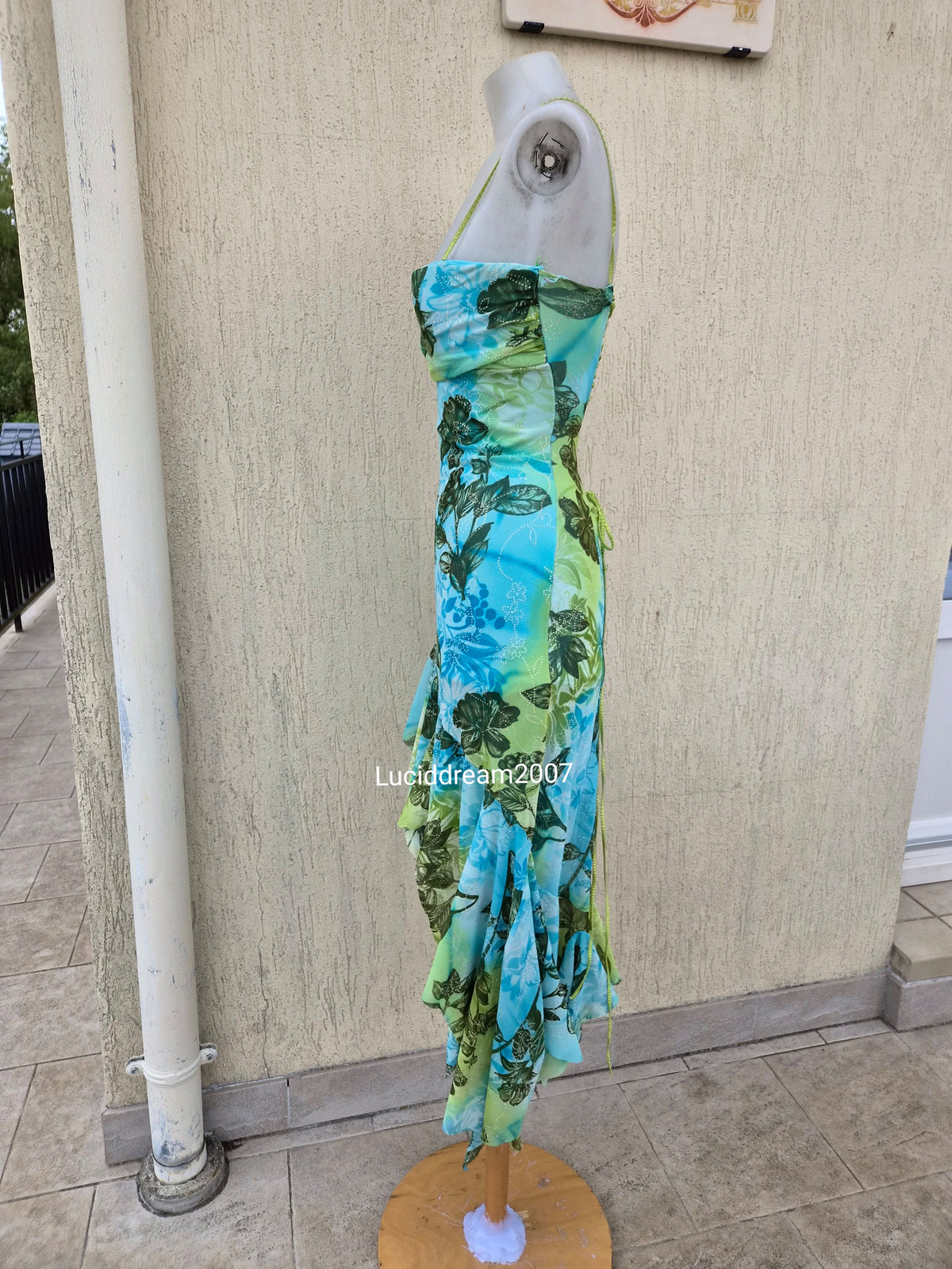 Blue and green voile backless dress