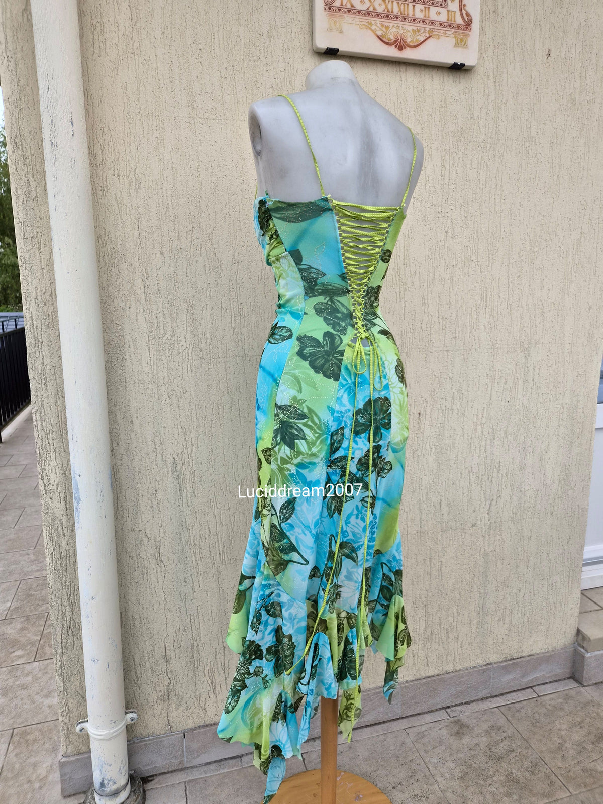 Blue and green voile backless dress