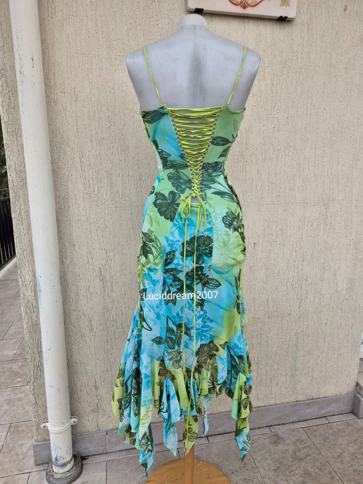 Blue and green voile backless dress