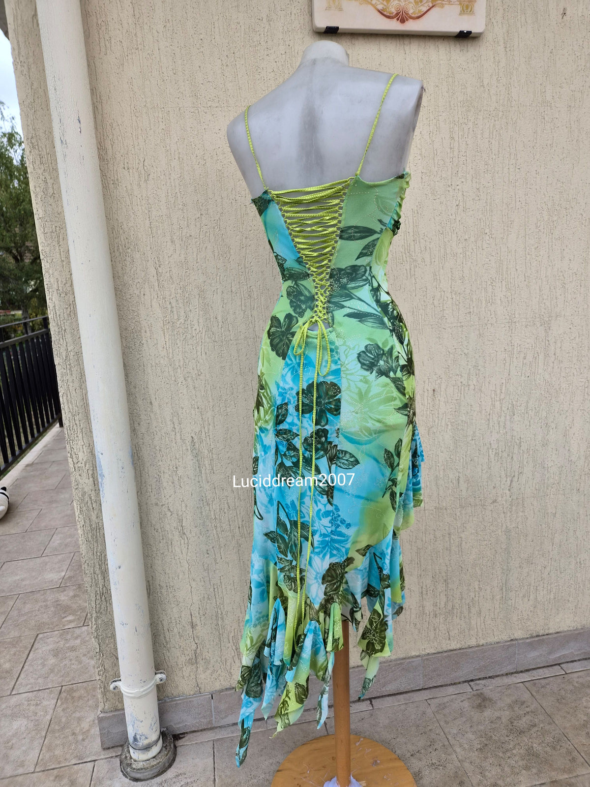 Blue and green voile backless dress