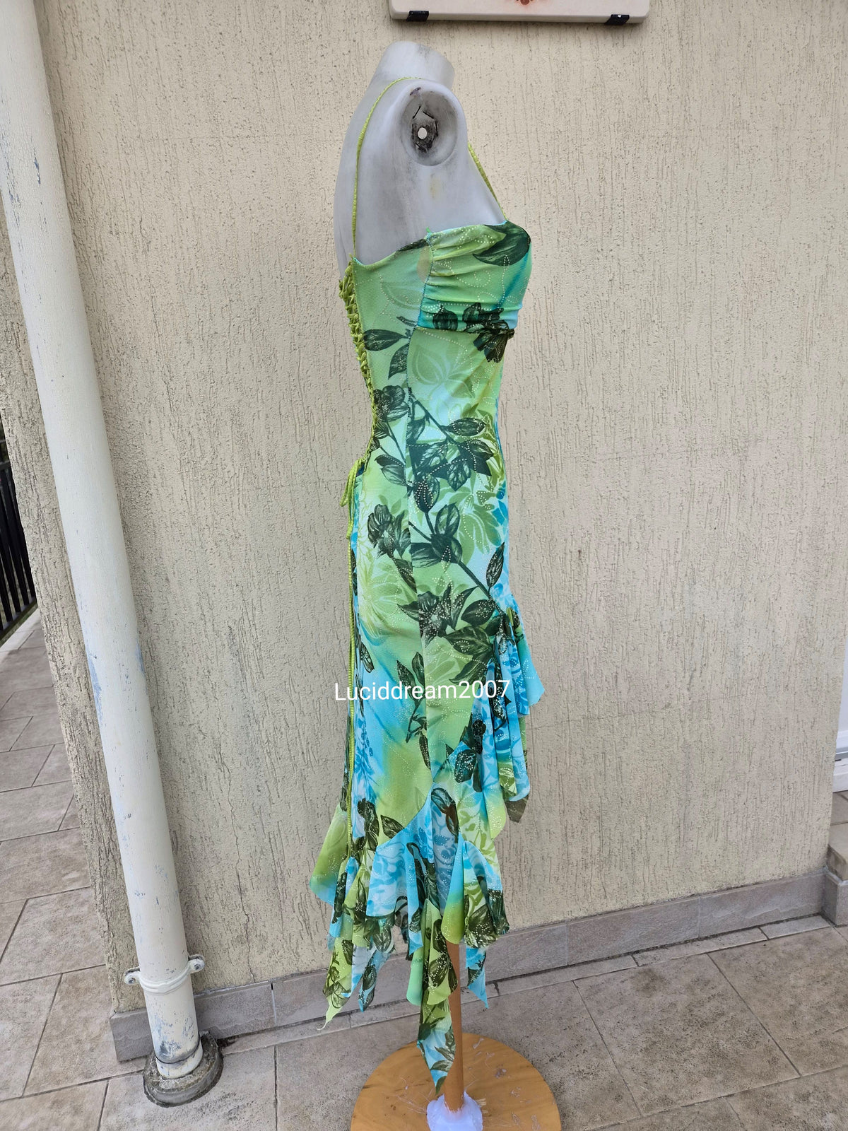 Blue and green voile backless dress