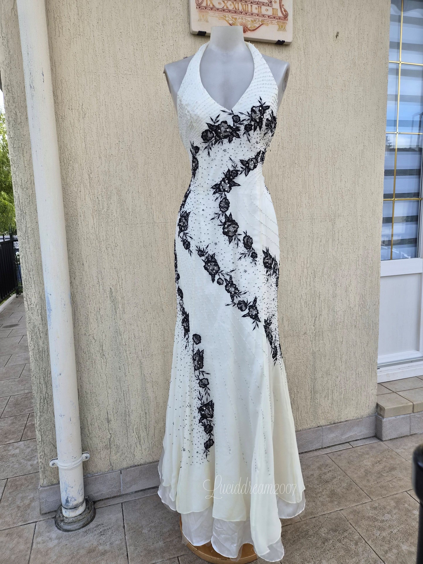 White and black embroidered silk dress