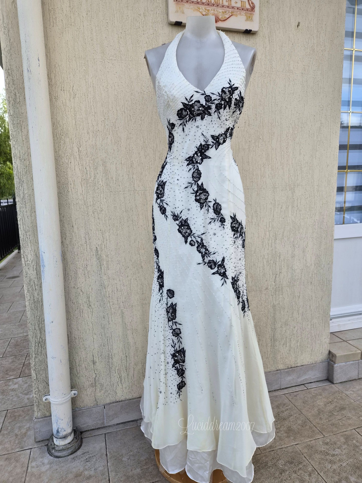 White and black embroidered silk dress