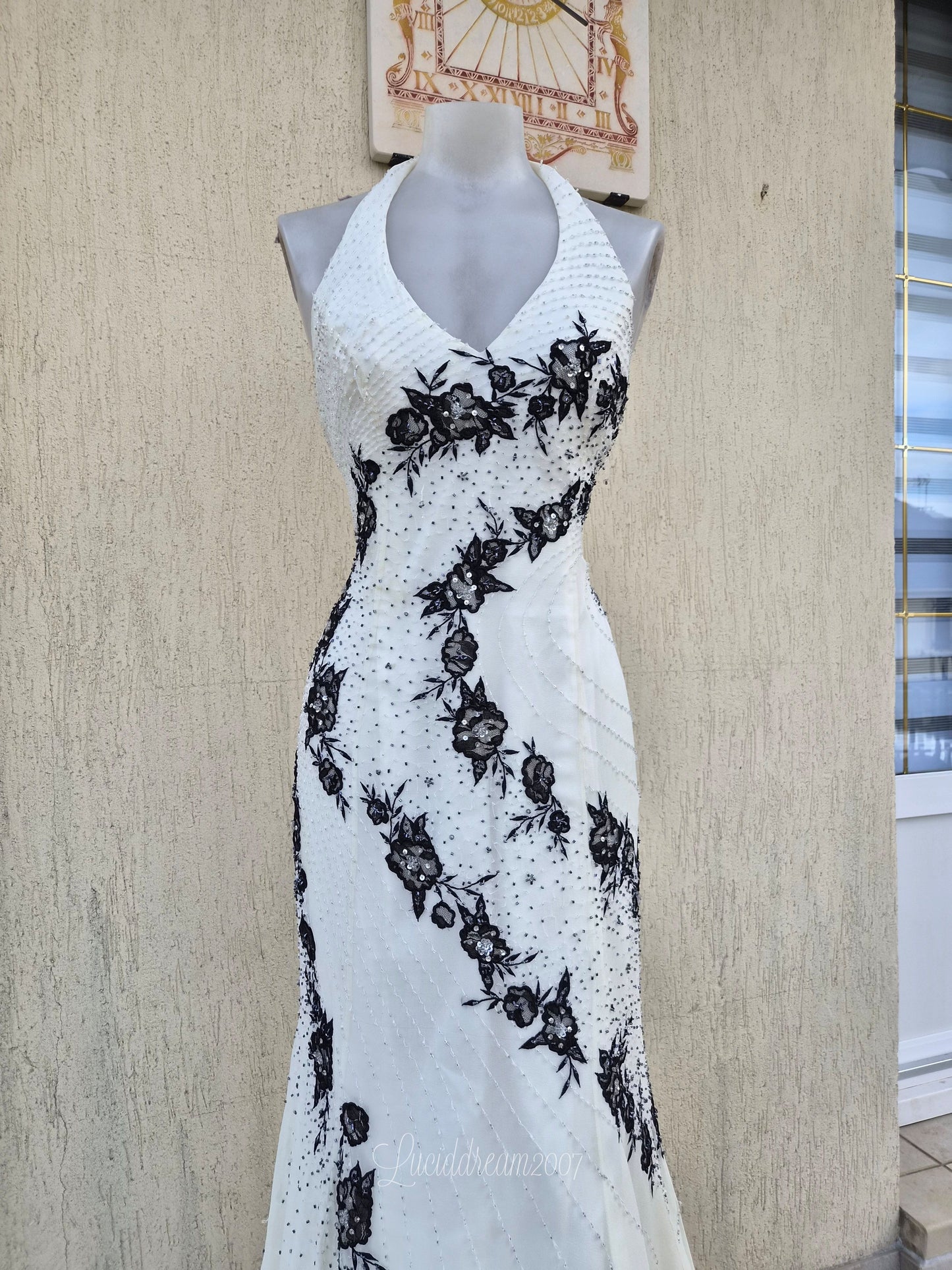 White and black embroidered silk dress
