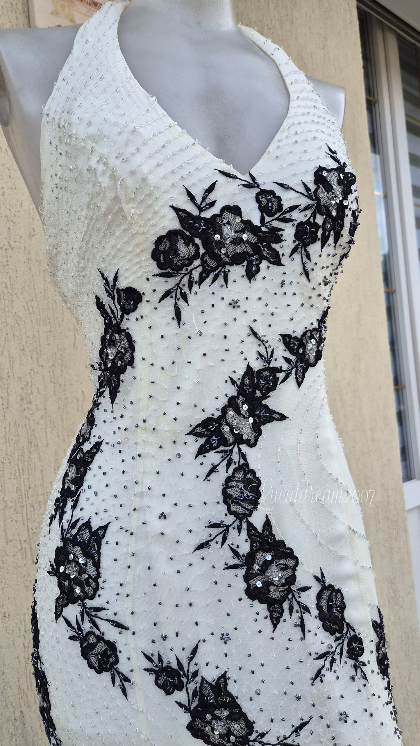 White and black embroidered silk dress