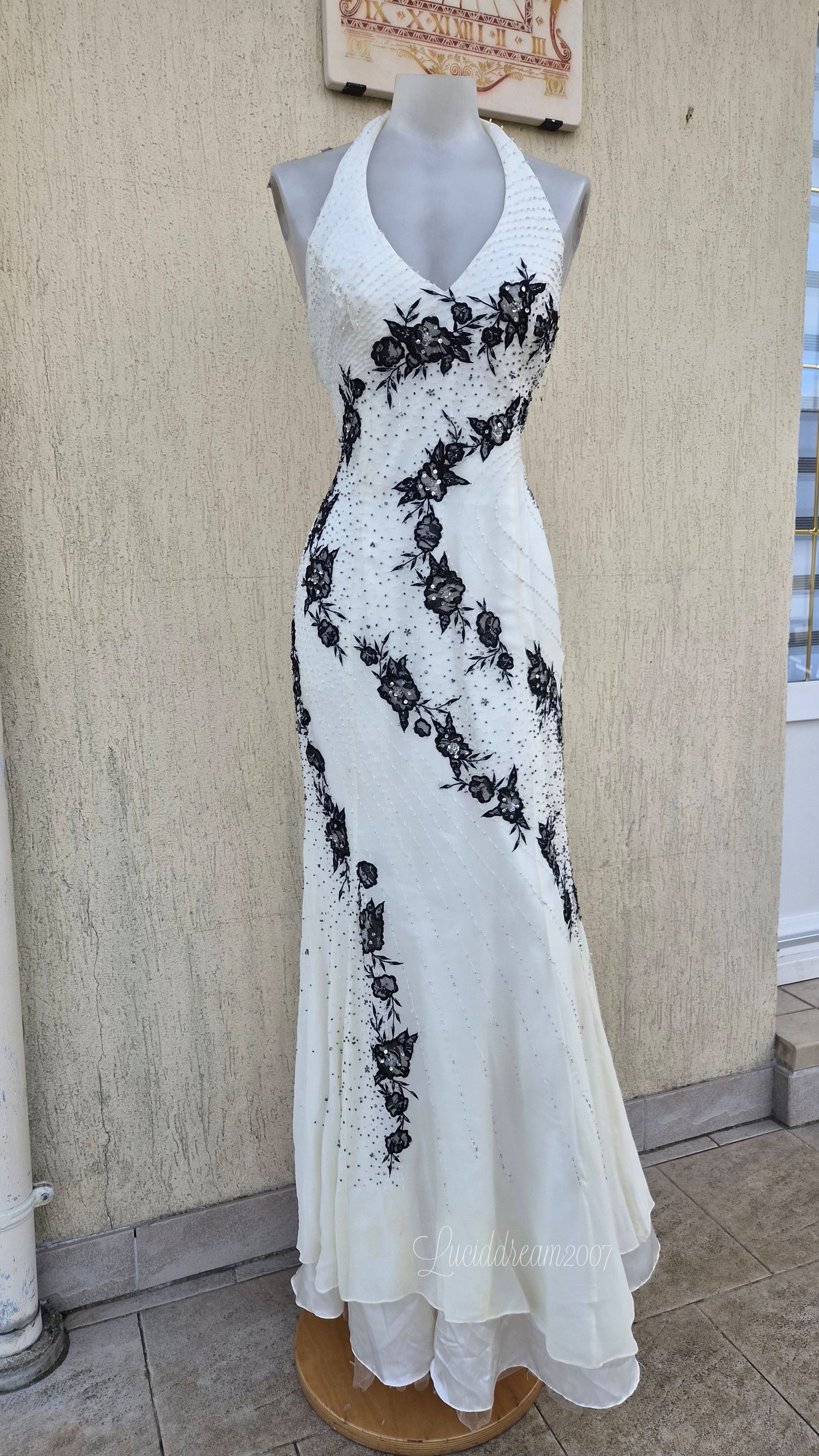 White and black embroidered silk dress