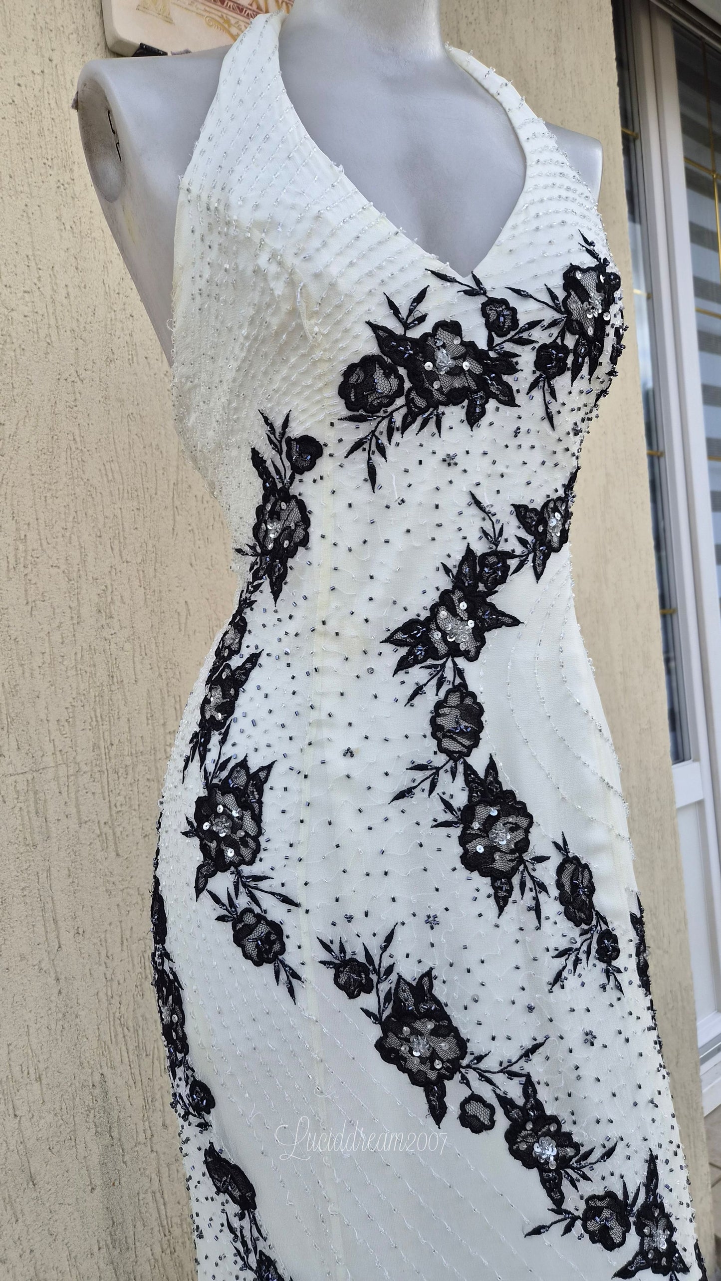 White and black embroidered silk dress