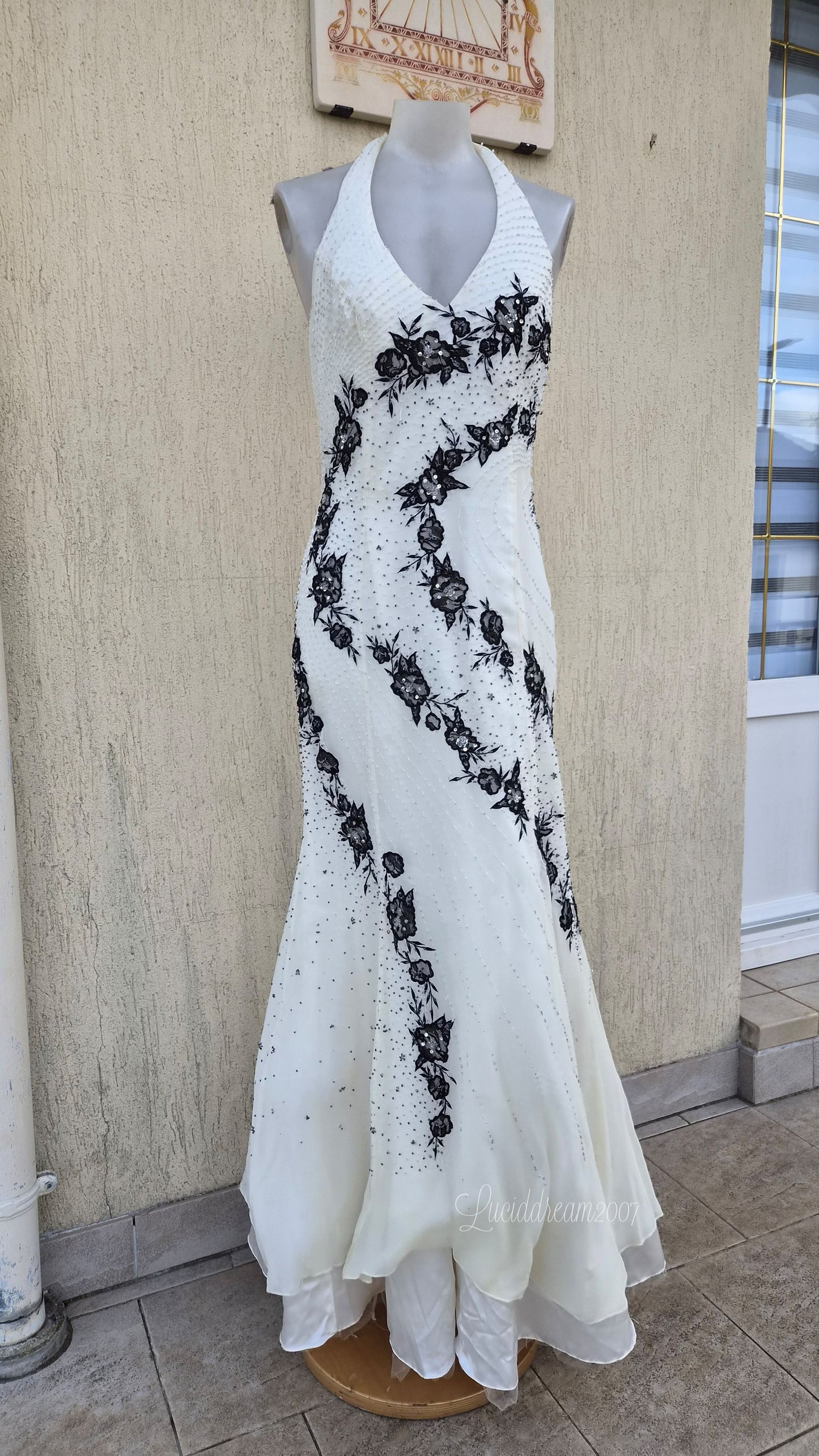 White and black embroidered silk dress