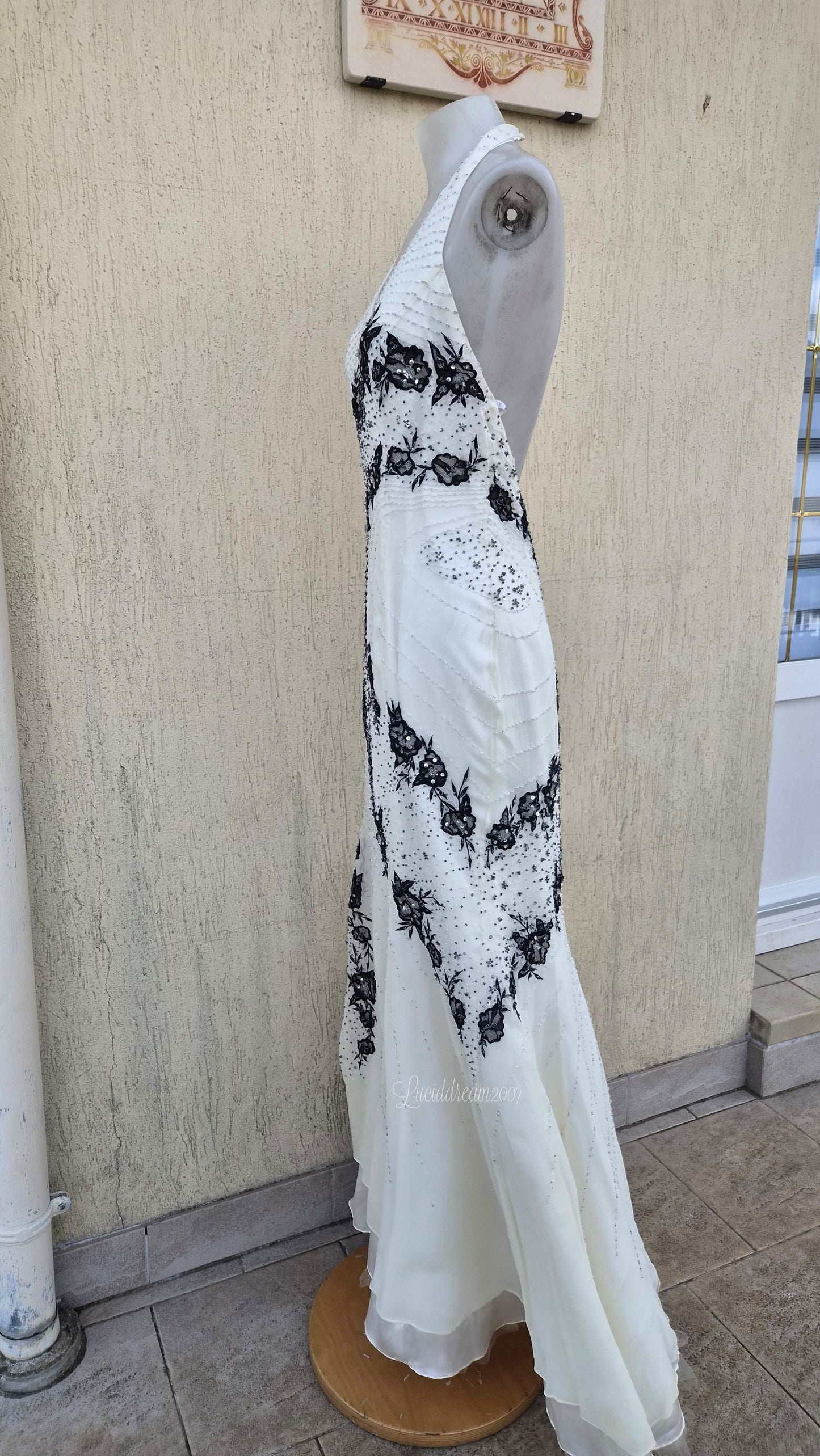 White and black embroidered silk dress