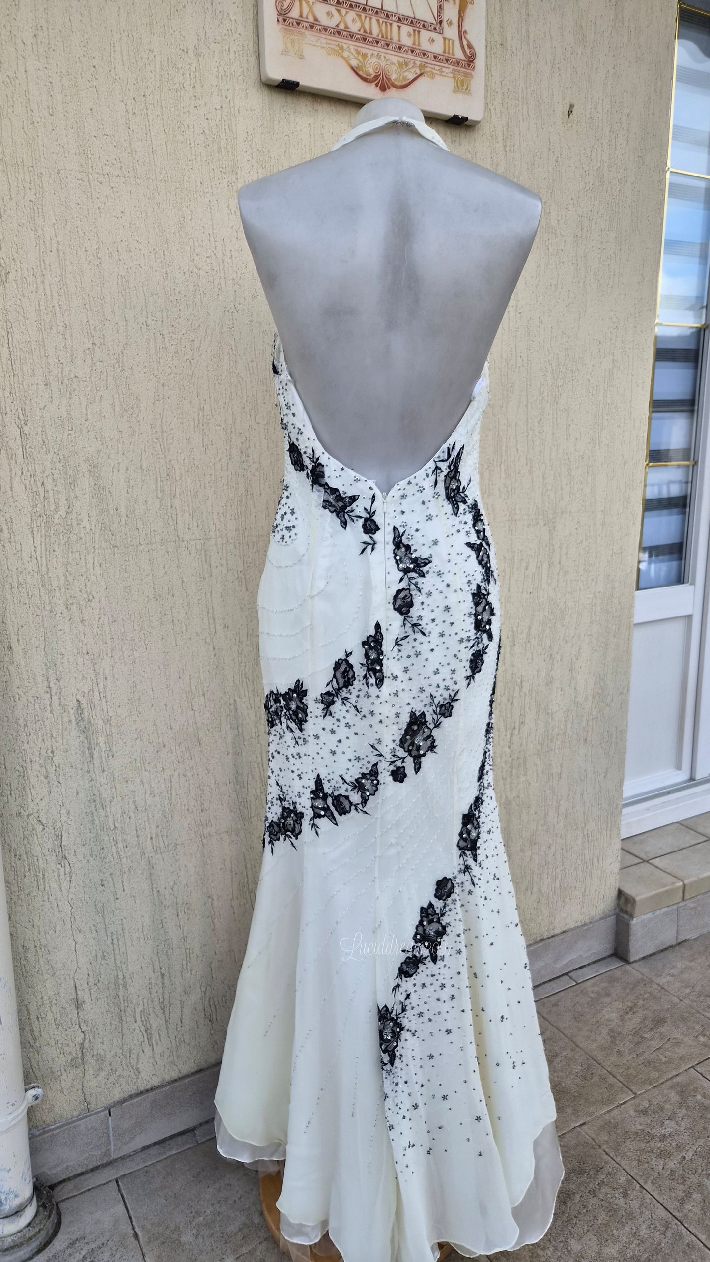 White and black embroidered silk dress
